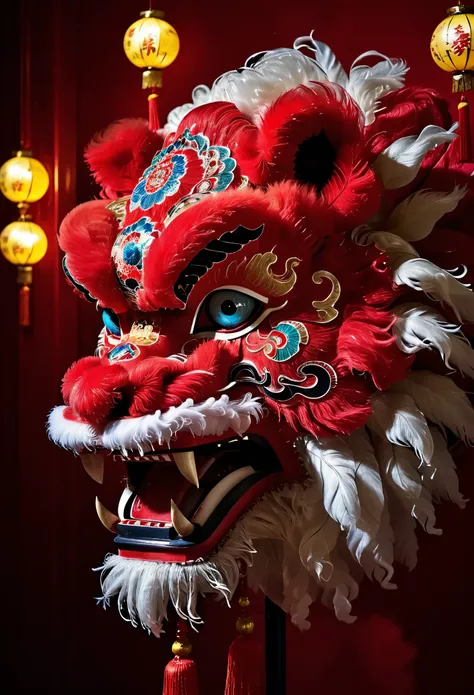 (best quality, masterpiece:1.2), ultra-detailed, Chinese lion dance lion head statue on table, (Lion dance lion head:1.8), Red and white furry, Red pompom decoration, pigment, exquisitely crafted, red gemstone eyes, blue gemstone forehead decoration, ornat...