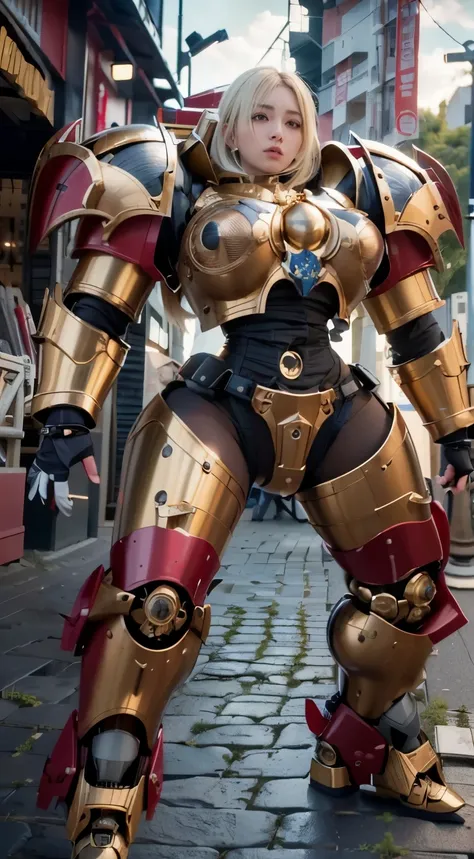 (The main subject: Wide-angle lens), salama，Singer Madonna as Marine Astartes, (Show on the(humongous large breast)Power mech) colours： red colour, (warhammer40k)，Realistic metal mech,Standing in the street.(masterpiece, best quality:1.2), (8k uhd, 16k, 32...