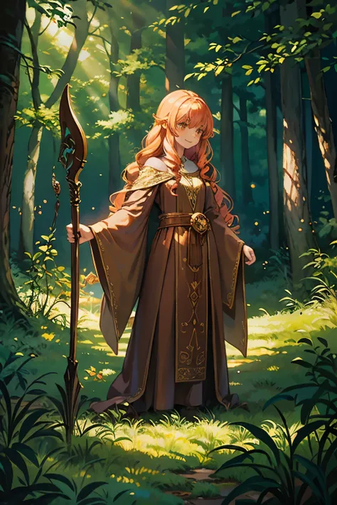 young female, witch, long straight wooden wizard staff in one hand, brown witch robe, enchanting and dreamy scene of a fantasy forest, dense forest, pastel colors, oil painting, sense of enchantment, smiling, particles of light, curly copper hair, light br...