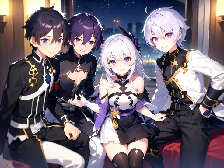 ((best quality)), ((masterpiece)),full body, ((girl 1, smile, white hair, Long hair, Front hair firefly 1.0, Purple eyes, clothes firefly 1.0, honkai star rail 1.0)),
((Boys 1, smile, black hair, purple hair, Front hair kirito 1.0)), home,