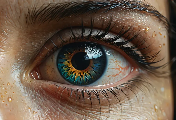 A close up photograph of an eye, highly detailed oil painting in a style of Beksinski. 4k HD image is Trending on Artstation and Octane render with dramatic color lighting. By Greg Rutkowski, Sung Choi. Extremely detailed, 8K resolution. Award winning phot...