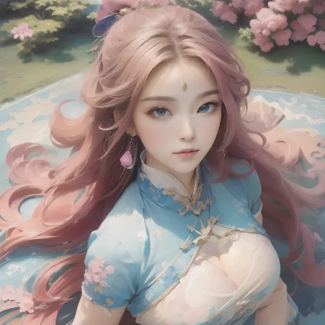 ((masterpiece:1.2, best quality)), Super detailed, Super accurate depiction, Super detailed的描绘, (Tangled:1.2), (Dynamic poses), (Abstract Background:1.5), Long wavy hair, Pink Hair, 1 Lace Girl, Pink transparent lace colorful, portrait, (from above:1.2)