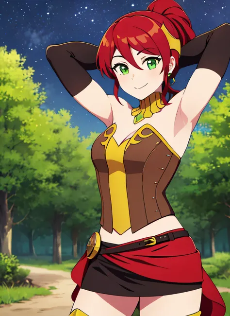 ((best quality)), ((highly detailed)), absurdres, (detailed eyes, deep eyes), (1girl), pyrrha nikos, rwby, red hair, ponytail, green eyes, medium breasts, smiling, circlet, bustier, bare shoulders, skirt, elbow gloves, bracers, solo, (cowboy shot:1.5), nig...