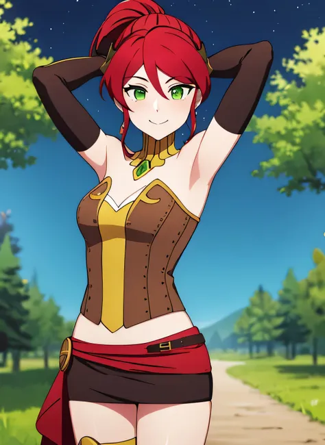 ((best quality)), ((highly detailed)), absurdres, (detailed eyes, deep eyes), (1girl), pyrrha nikos, rwby, red hair, ponytail, green eyes, medium breasts, smiling, circlet, bustier, bare shoulders, skirt, elbow gloves, bracers, solo, (cowboy shot:1.5), nig...