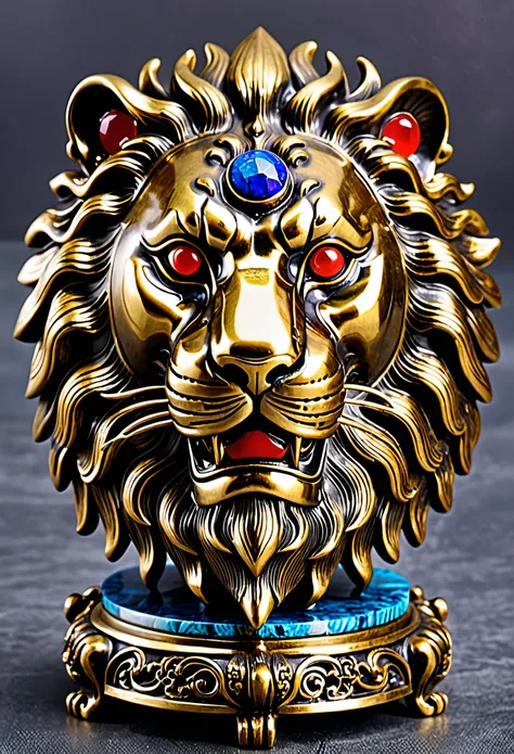 (best quality,4k,8k,highres,masterpiece:1.2),ultra-detailed,brass lion head sculpture on the table,exquisitely crafted,red gemstone eyes,blue gemstone forehead decoration,ornate and luxurious lion head artwork,Chinese elements,traditional culture,tradition...