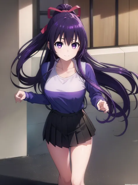 tohkayatogami, tohka yatogami casual, long hair, purple hair, alluringly smile , yoga crop top, square neck, long sleeve, black ...