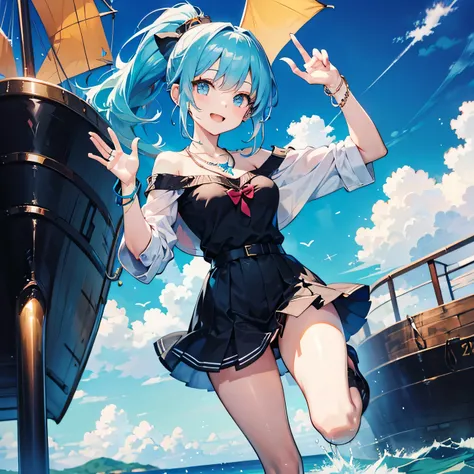 Anime Moe Art Style,highest quality,High resolution,One Girl,Mid-teens,A girl with light blue hair in a ponytail,Super detailed,off shoulder tops,mini skirt,Big TitsLooking at Camera,Active,Bright smile,One hand is waving widely,One leg raised,A rich expre...