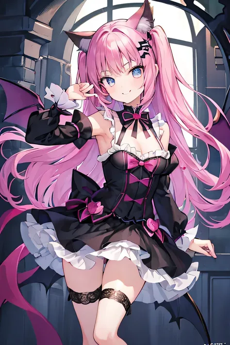 ((masterpiece)), ((best quality)), (ultra-detailed), ((kawaii)), cute, (lovely), illustration, anime style, full body, a cute girl, solo, (beautiful eyes), small devil, Gothic and Lolita (type of teenage fashion), slim, slender, beautiful breasts, black wi...