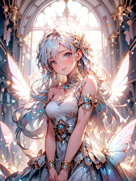 masterpiece, highest quality, 8k, highres, beautiful highest details, old castle roof floor, moon light, bride butterfly spirit, light pink dress, bare shoulder, strapless, tears, rainbow butterfly wings:1.2, flying sky:1.2, view from below, sparkling eye...