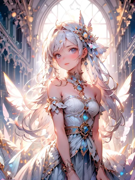 masterpiece, highest quality, 8k, highres, beautiful highest details, old castle roof floor,  moon light, bride butterfly spirit, light pink dress, bare shoulder, strapless, tears, rainbow butterfly wings:1.2, flying sky:1.2, view from below, sparkling eye...