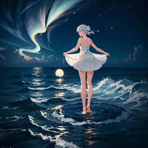 (((Masterpiece))), highest quality, at night, the girl is dressed in thin clothes, with one foot in the sea water, only her toes touching the gentle waves. The girl is standing, her body slightly turned sideways, caught between the horizon and the vast sea...