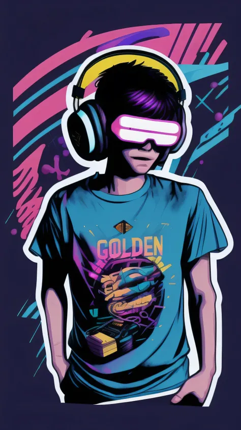 Retrowave cool boy with headphones character design,sticker,full-body shot ,anime style, Trigger studio style, Comic Art, comics, Ink, Graffiti Art, Image, Neon Colors, Golden Ratio Composition, T-shirt design,8k