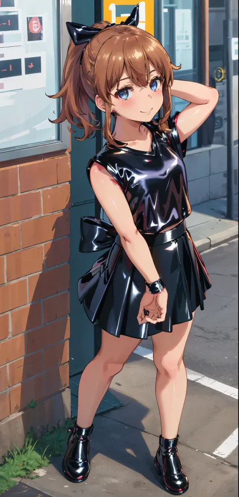 best quality, (masterpiece:1.2), highly detailed, standing, street,
1girl, solo, akatsuki minami,
looking at the viewer, closed mouth, smile, slight blush,
blue eyes, brown hair, ponytail, hair bow, sleeveless, (((dominant girl, latex skirt,  latex shirt )...