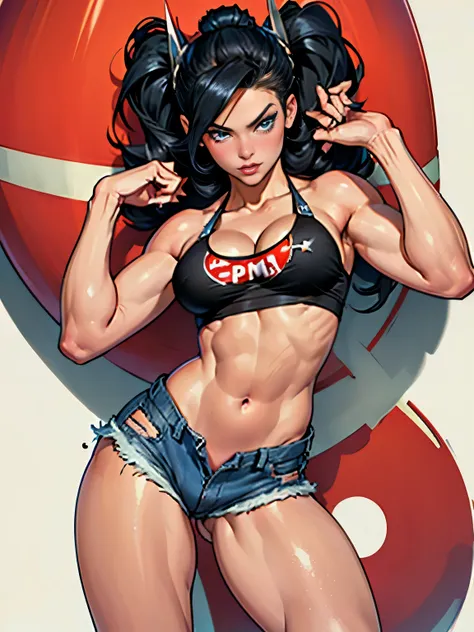 (high quality, best rendering), (beautiful girl), blue eyes, black long straight hair,(exploded bomb, pin-up style), psychopath, crazy face, sexy pose, denim short shorts, tank top, pastel, centered, scaled to size, micro thong, micro bikini, cameltoe