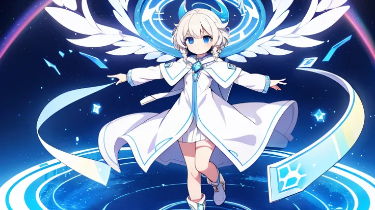 Female Alchemist,Platinum blonde curly short hair,Ice Blue Eyes,Partial long hair braids,White coat-like clothing,Rainbow colored gemstone ornament,Floating in the air,Boots underfoot