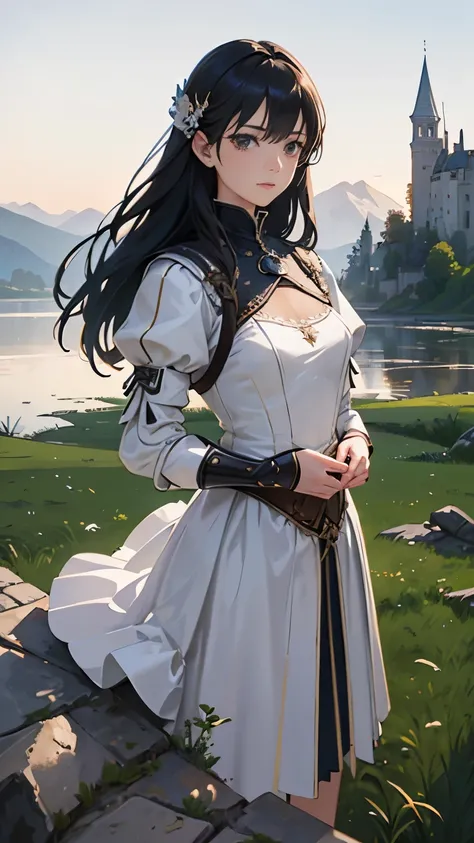 (highest quality、High resolution、masterpiece)、(Anime Art 4k)、(Realistic)、Portraiture、 (whole body)、(1 person)、20-year-old woman、( Woman in armor standing on top of a hill)、Beautiful Face、 (Facial details)、Black Hair、 short hair、 Beautiful Hair、Shiny Hair、(...