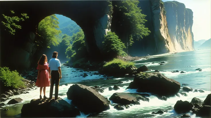 there is a man and a woman standing on a rock near a river, taken in the late 1980s, foto de baixa qualidade, foto de baixa qualidadegraph, Foto Polaroid encontrada, imagem de qualidade muito baixa, com montanhas como pano de fundo, taken in the 1970s, tak...