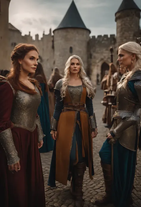 a group of women with colored hair and detailed medieval paladin dress armor, standing, medieval city with castle background