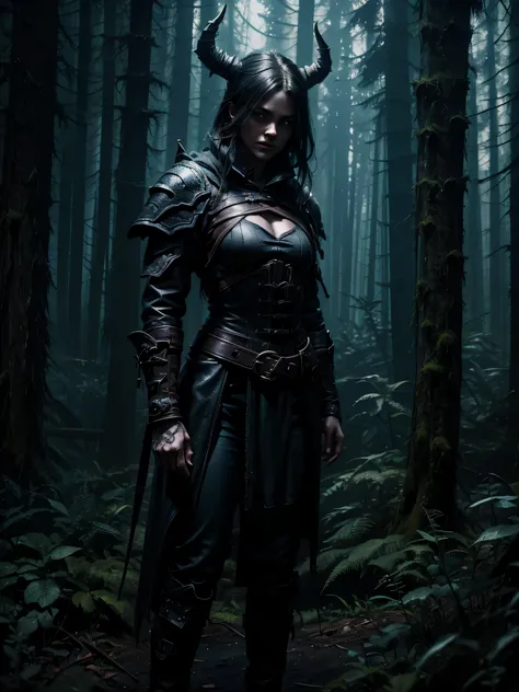 (1girl), Diablo 4 rogue, standing in a dark forest, wet, sinister , shadows, creepy, HDR,4K, 3D, ultra realistic, highly detailed, high definition 