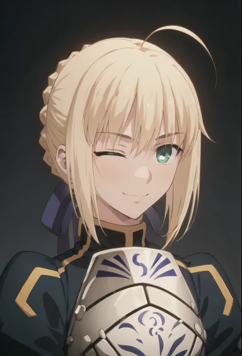 best quality, masterpiece, highres, solo, (saber_fatestaynightufotable:1.10), 1girl, ahoge, green eye, lazy eye, blush, happy, smile, white shirt, blue skirt, style parody, neck ribbon, anime coloring, upper body, looking at viewer, anime_style, 9