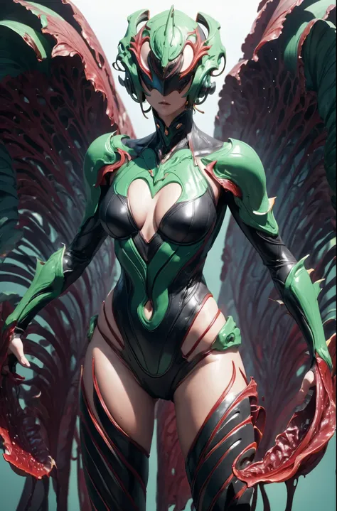 Beautiful girl fused with a Nepenthes. (High quality) （black and Green image color）. body suit. cyber style. Circuit pattern. Biological Armor. Biological helmet. eye mask.