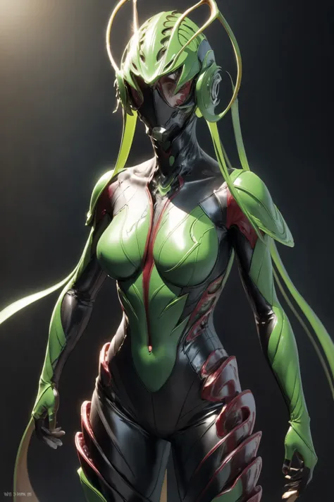 Beautiful girl fused with a Nepenthes. (High quality) （black and Green image color）. body suit. cyber style. Circuit pattern. Biological Armor. Biological helmet. eye mask.