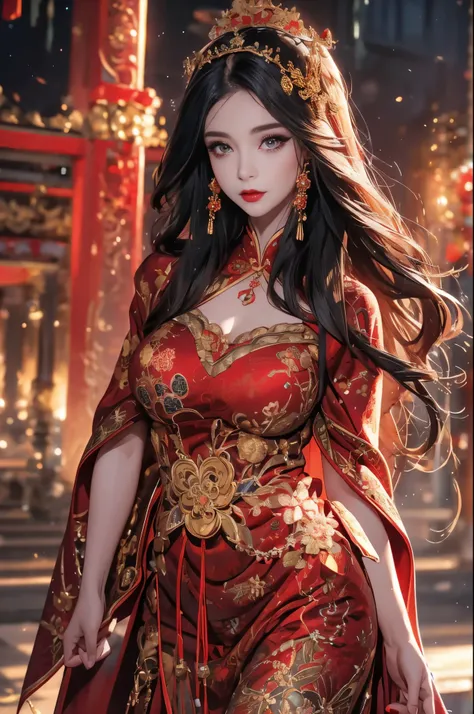 1 female,45 years old,center, She has long black hair,Red lips,Perfect thighs,looking at camera,stand up,night,ancient temple,From the front, curls, Gloomy sky,(((masterpiece),(Highly detailed CG Unity 8k wallpaper),best quality,Movie Lighting,Detailed bac...