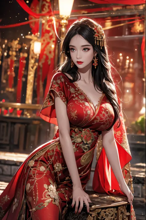1 female,45 years old,center, She has long black hair,Red lips,Perfect thighs,looking at camera,stand up,night,ancient temple,From the front, curls, Gloomy sky,(((masterpiece),(Highly detailed CG Unity 8k wallpaper),best quality,Movie Lighting,Detailed bac...