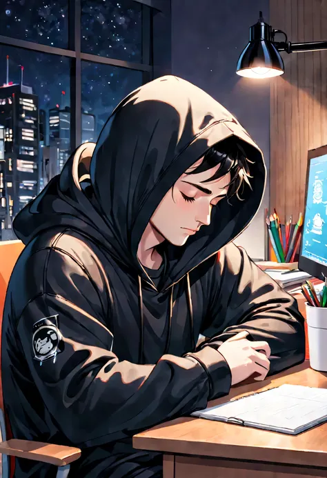 Man in hood　sleeping at the desk　Black hoodie　Illustrated Cartoons