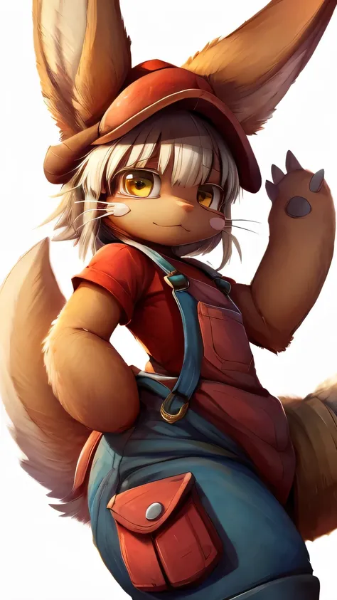 solo, cute, perfect hands,detailed, nanachi \(made in abyss\), (thick thighs), narehate, tail, mario cap, red shirt, blue overal...