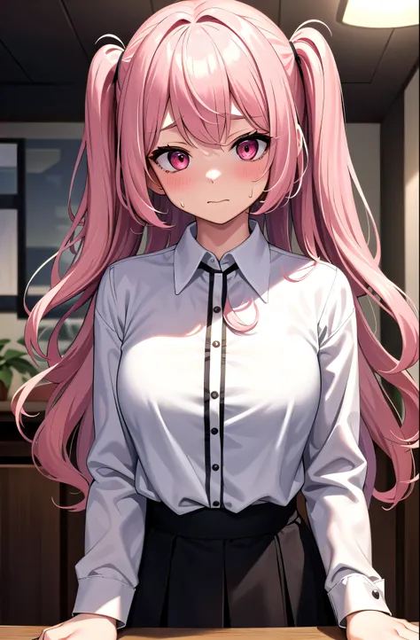 (masterpiece,highest quality, detailed), One girl, alone, indoor, night, Upper Body, Sweat, Ahegao, Roll your eyes, blush, naked、Pink Hair,Two-side up messy wavy hair,open chest white shirt、A tight-fitting shirt、Black flared skirt