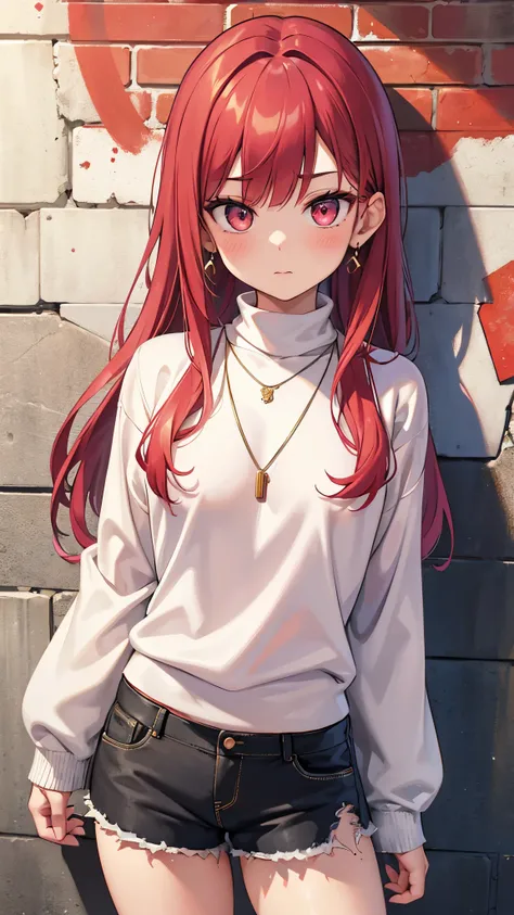 (masterpiece, best quality, 1 girl, solo, intricate details, chromatic aberration), realistic, ((medium breath)),long hair, red hair, red decoration on the head, pink highlights, amber eyes, earrings, sharp eyes, necklace, neon shirt, ripped shorts, unbutt...