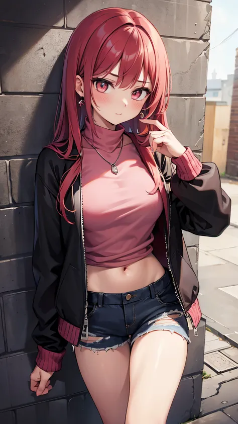 (masterpiece, best quality, 1 girl, solo, intricate details, chromatic aberration), realistic, ((medium breath)),long hair, red hair, red decoration on the head, pink highlights, amber eyes, earrings, sharp eyes, necklace, neon shirt, ripped shorts, unbutt...