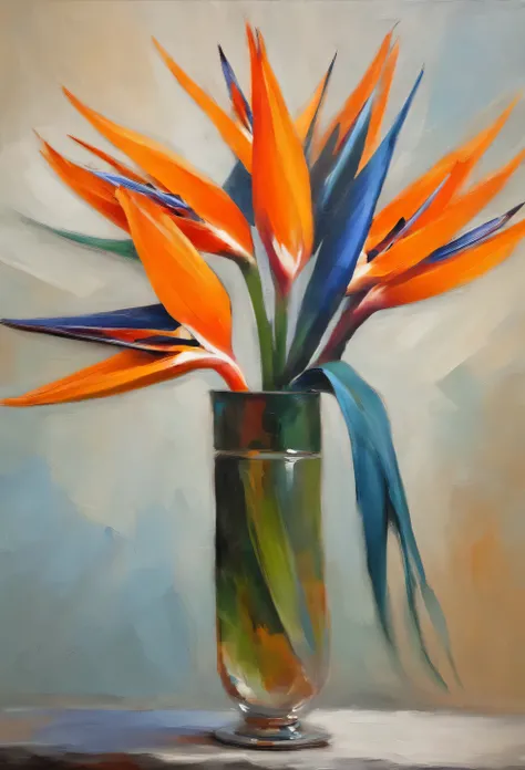 Bird of Paradise (Strelitzia): A tropical flower with striking orange and blue petals resembling a bird in flight, in. a vase on table, still life painting, realistic