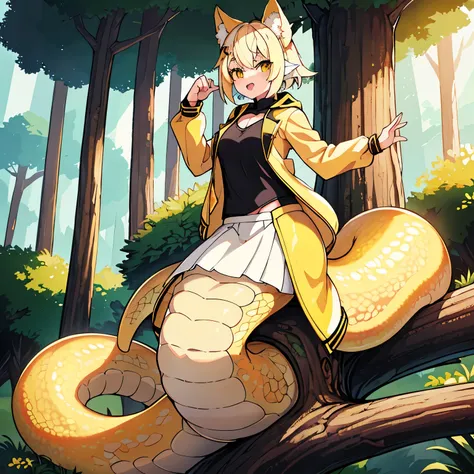 1girl, lamia, ((yellow scales)), silky tail, small breasts, short white hair, fox ears, best quality, 4k, 8k, 16k, highres, mast...