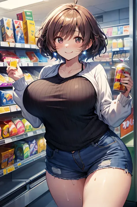 Anime illustration、highest quality、A short and voluptuous female convenience store clerk、Lawson、convenience store、Perfect proportions、overwhelmingly big breasts、Thick legs、Beautiful, shining eyes、Cowboy Shot、smile、Excessive sweating、Noise Reduction