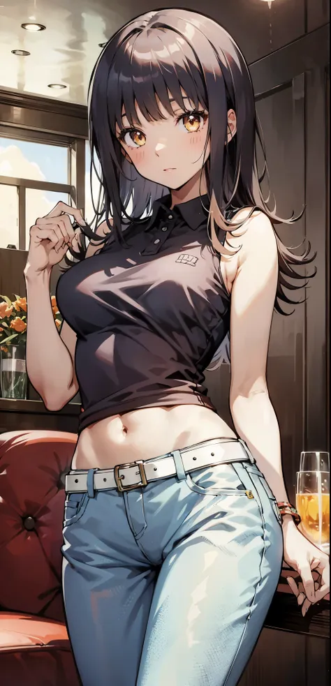 Official Art, Very detailed, masterpiece, highest quality, 1 female, (Very detailed)、7 heads、Hotel Suite、hot pants、Tight polo shirt、boyish、Cowgirl Shot、cowgirl;1.0、Bright colors、Bright room、