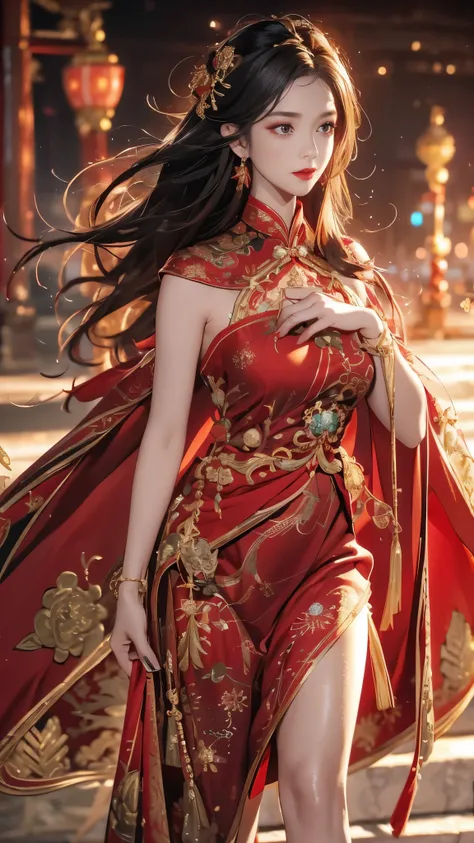 1 female，20 years old，center， She has long black hair，Red lips，Perfect thighs，(Keep your eyes on the camera:1.5)，stand up，night，ancient pavilion，imperial palace，From the front， curls， Gloomy sky，（（（masterpiece），（Highly detailed CG Unity 8k wallpaper），best ...