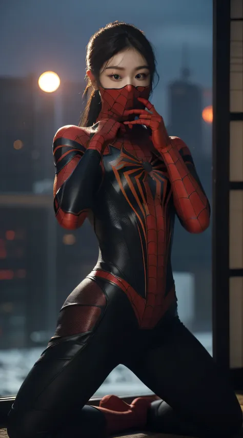 1 girl, (((japanese beautiful woman))),(((spider-man suit))),(((no mask)))，(((take off the mask)))，(((show your face:1.1)))，(((b...