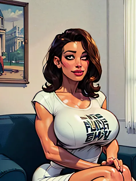 ((Best quality, 8k, Masterpiece :1.3)), pretty woman, 1girl, saggy breasts :1.2,  lustful, dark brown hair, (sitting on couch, crossed legs, skirt :1.1), ultra-detailed face, detailed lips, detailed eyes, double eyelid, wide hips, (plump:1.3), curly hair, ...