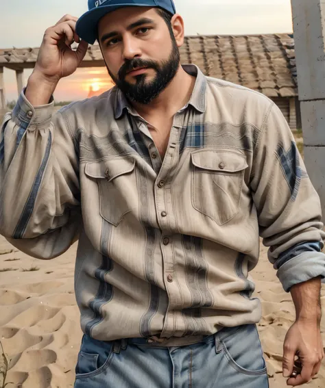 Obra maestra, desenfoque de campo, Parte superior del cuerpo, hands in pants pockets , 38 year old man with beard , gorra y lentes oscuros . Chubby man wearing a plaid shirt in a Netflix drug trafficking series with a sunset in the background.