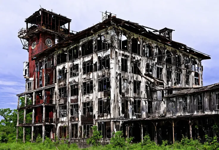 The Al-Afed building with its clock tower and upper balcony, Portrait of Winona Nelson, Flicker, Self-sastructing art, Dilapidated building, Crumbling Building, Haunted Gothic Hotel, old lumber factory remains, Abandoned, ruins, 廃factory, Ruins of the hosp...