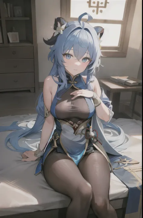 (photoRealistic:1.4), (masterpiece, Side light, Beautiful, detailed eyes: 1.2), masterpiece*Portraiture, Realistic, 3D Face, 
Hired (Genshin Impact), One girl, Ahoge, architecture, bangs, Bell, , (Blue Hair), blush, chest, Chinese knot, Flower knot, horn, ...