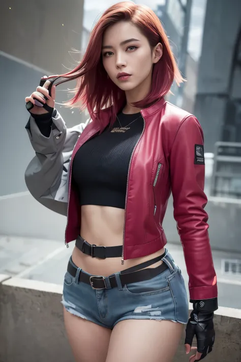 Vibrant, elegance, side-cropped punk hairstyle, looking at the viewer, dynamic pose, blow, ammunition belt, gloves, long shot: 1.6, Unreal Engine: 1.4, dreamy bubble shadows, ultra-realistic CG K, photorealistic :1.4, Skin Texture: 1.4, Artwork Full Body o...