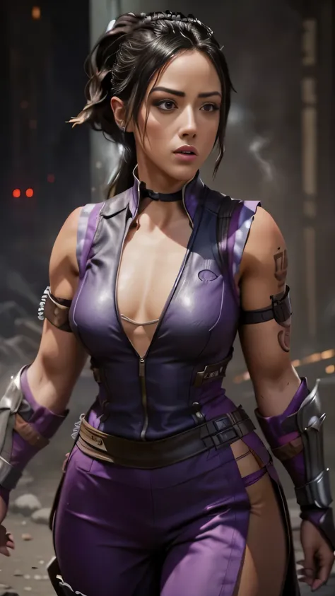 ((Chloe Bennet)) as Li Mei from Mortal Kombat, black hair, brown eyes, ponytail, shoulder tattoo, purple dress, vest, gauntlets, purple pants, pelvic curtain, 1woman, solo, full body view, front view, looking at viewer, intricate, high detail, sharp focus,...