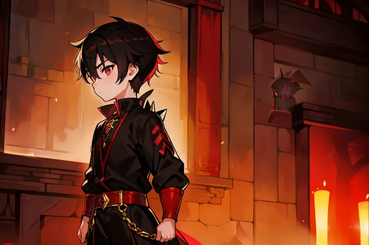 ((shota)), ((young boy)), short black spiky hair. red highlights, red eyes. black dancer clothes, (inside fantasy tavern), ((standing)), up close, Very good figure, extremely detailed, cinematic lighting, volume lighting, masterpiece, best quality