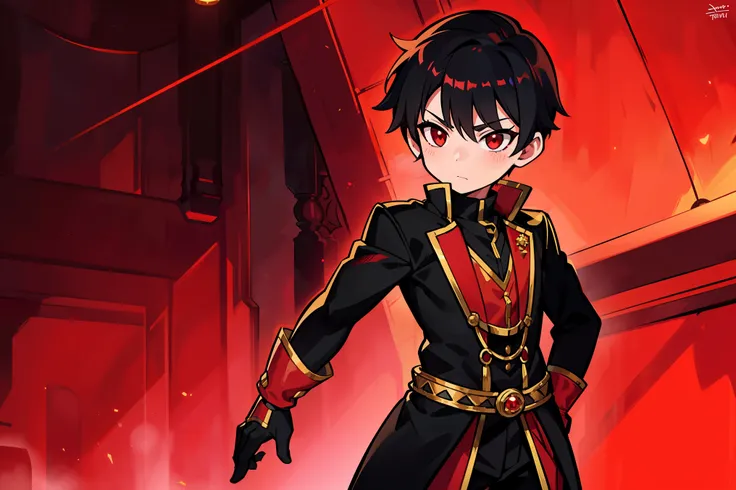 ((shota)), ((young boy)), short black spiky hair. red highlights, red eyes. black dancer clothes, (inside fantasy tavern), ((standing)), up close, Very good figure, extremely detailed, cinematic lighting, volume lighting, masterpiece, best quality