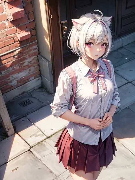 White hair. Short hair. 2-tone hair. anime girl. Pink eyes. Nekomimi. . Seifuku. At school. Study.