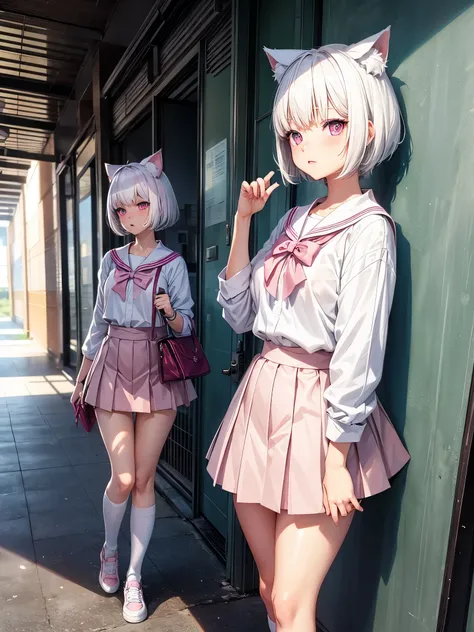 White hair. Short hair. 2-tone hair. anime girl. Pink eyes. Nekomimi. . Seifuku. At school. Study.