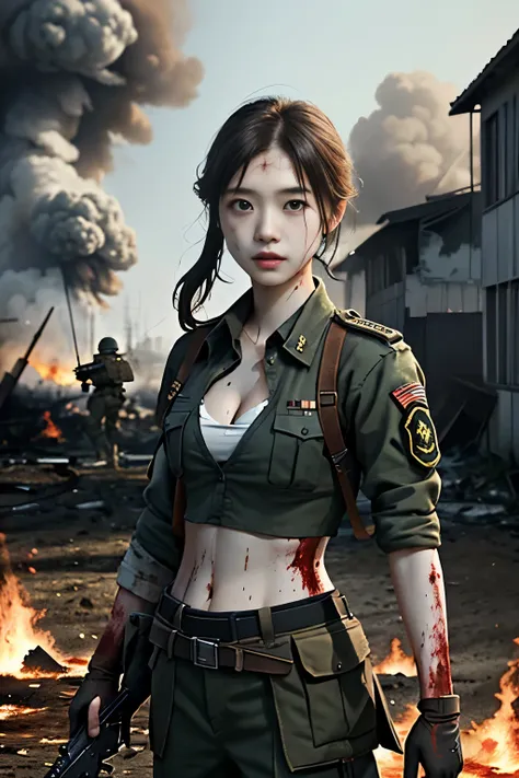 battlefieldで戦う女子高校生の美しい日本の16歳の女の子、Light Muscle、World war、Modern Warfare Theme、Army Girl、rifle、(rifleの保持: 1.3)、(rifleの照準と保持: 1.3)、 Infantry Girl, Urban Warfare, High , burning vehicle, war zone, battlefield, explosion, burning city, cigarette, Torn Uniform,...